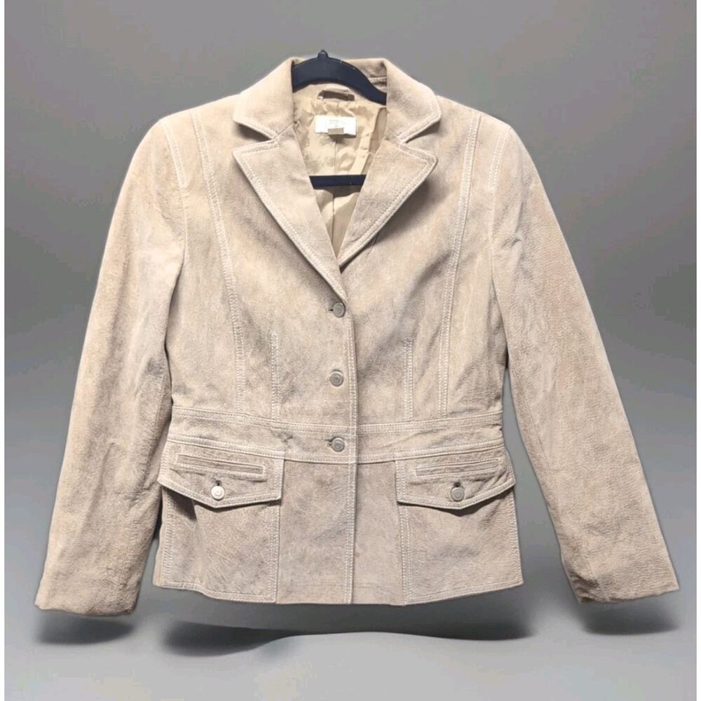 Ann Taylor Loft Suede Leather Jacket Womens 6 Tan Blazer Coat W/ Stitch Accents